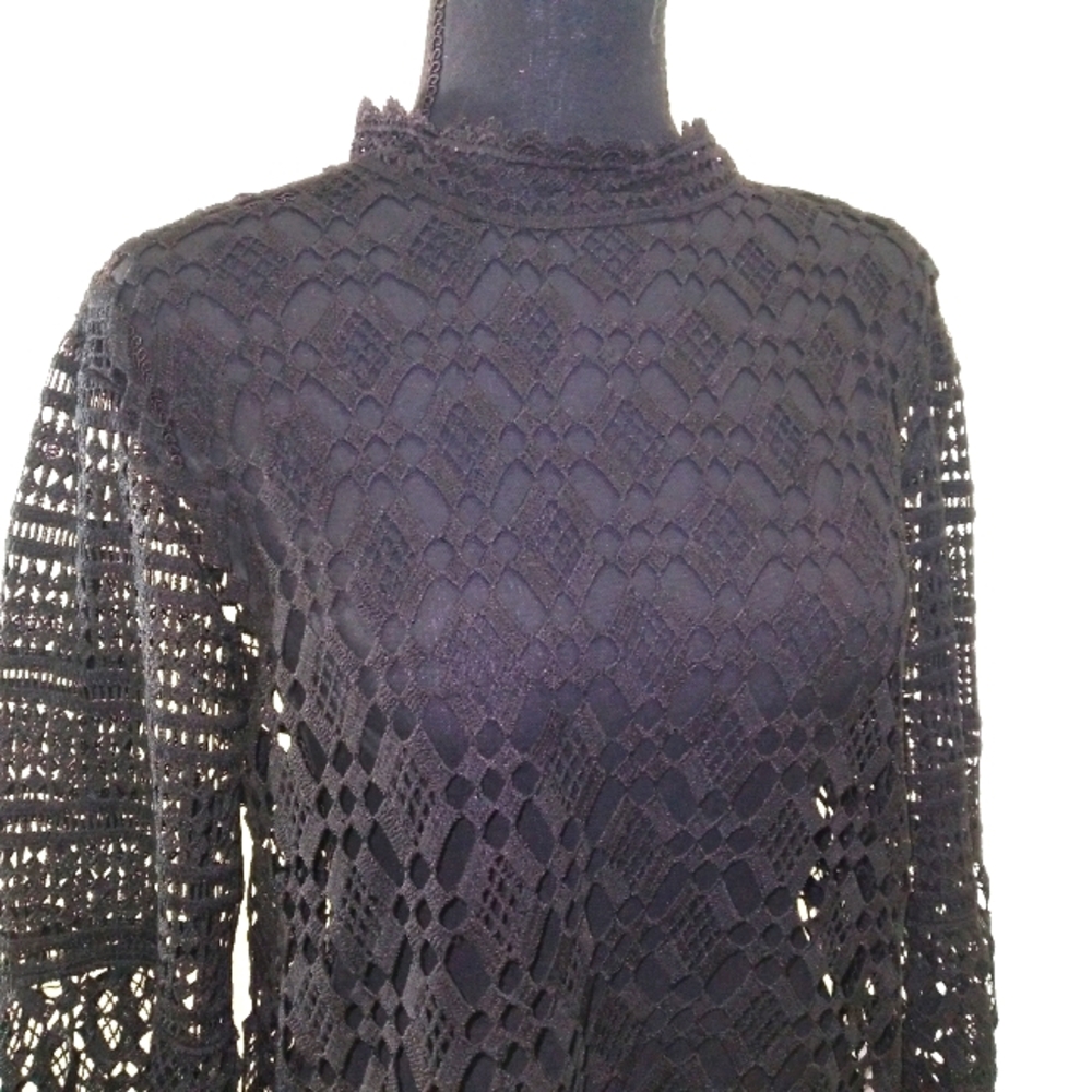 Long Sleeve Black See Through Knit Long Sleeve Blouse Women's Size- Large - Picture 6 of 7